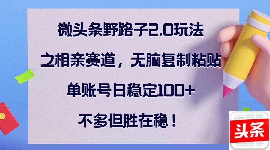 （12763期）微头条野路子2.0玩法之相亲赛道，无脑复制粘贴，单账号日稳定100+，不…-点石成金